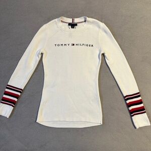 Tommy Hilfiger Sweater Women's XXS White Crewneck Pullover Spell Out Logo Preppy